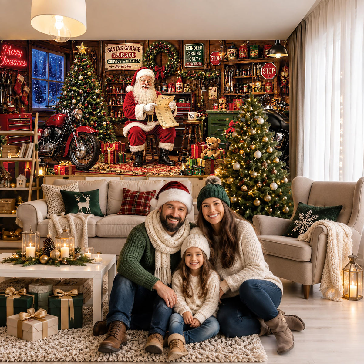 Christmas Garage Door Cover Banner Nostalgic Santa's Garage Backdrop (Santa Claus-2)