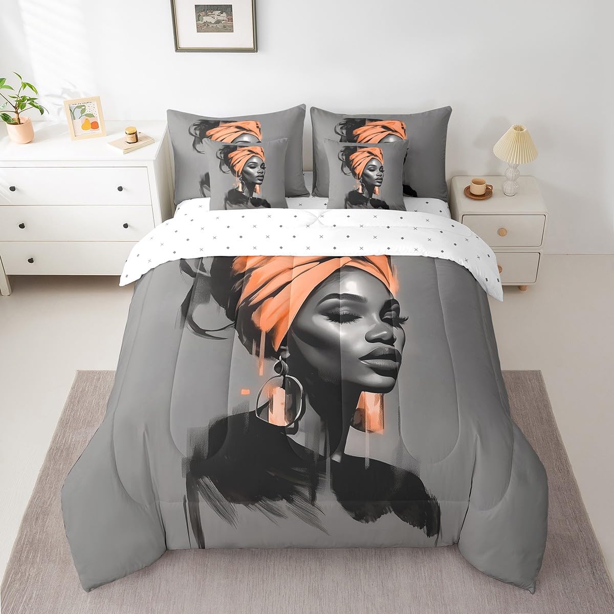 Black Women Comforter Set with Sheets Queen Size African American Woman 7 Piece Bedding Set All Season Teens Orange Abstract Bed in A Bag Breathable Soft Lightweight Modern Room Decor (Light Gray Orange / Queen)