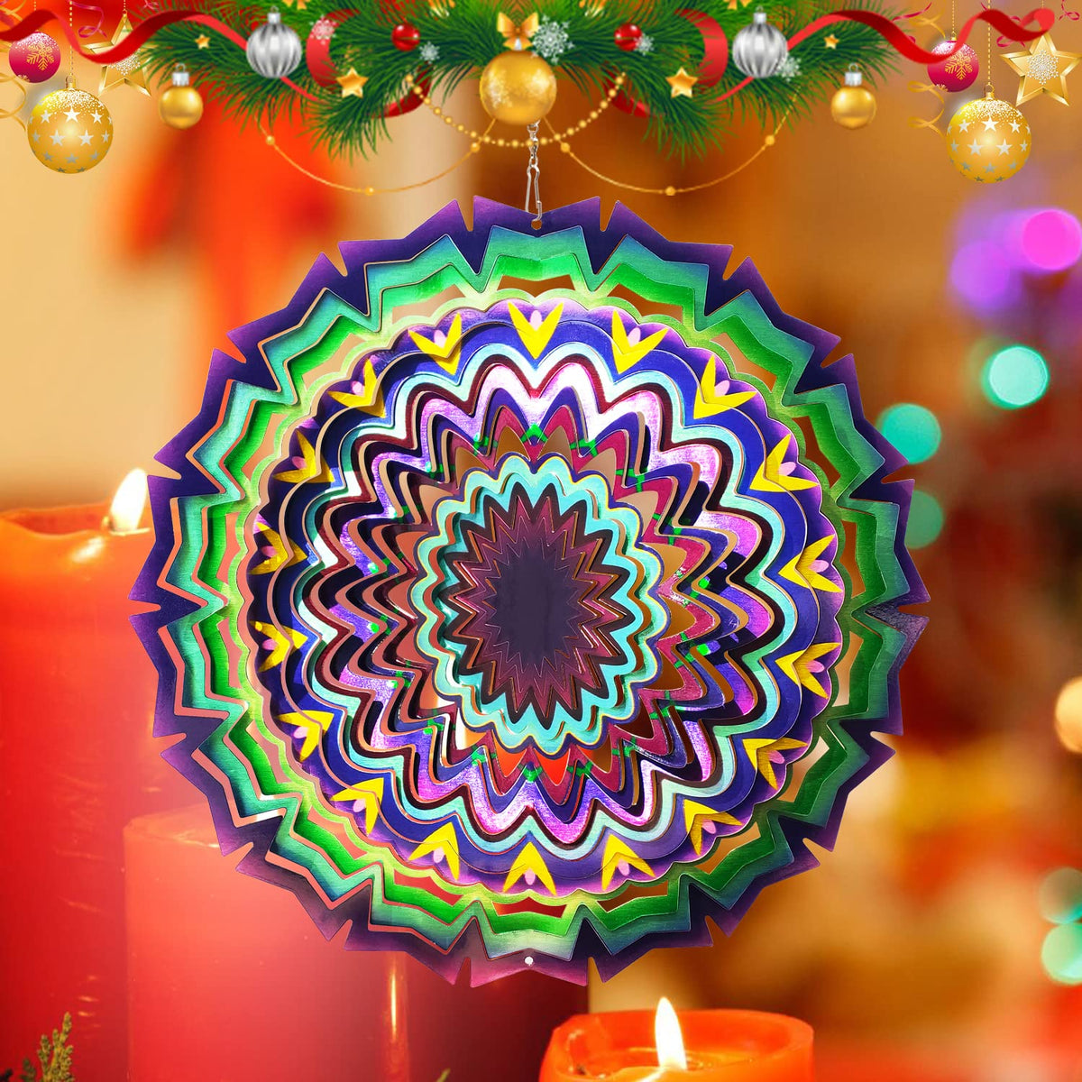Wind Spinner Mandala Lucky Star Purple Color 12 inch 3D Stainless Steel Laser Cut Metal Art Geometric Pattern (12inch / Mdl09)