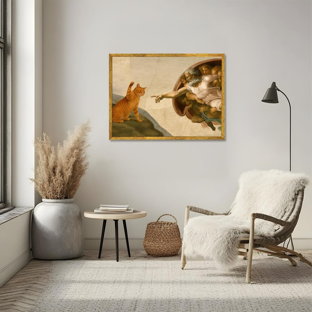 Gold Framed Funny Cat Creation of Adam Canvas Wall Art Classic Renaissance Parody Poster Painting Prints Humorous God and Animal Paw Picture Artwork for Home Bedroom Decor Pet Lover 8x12inch (8"L x 12"W / Cat - Gold Frame)