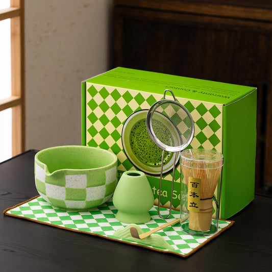 7pcs Traditional Matcha Tea Ceremony Set (Green grid)