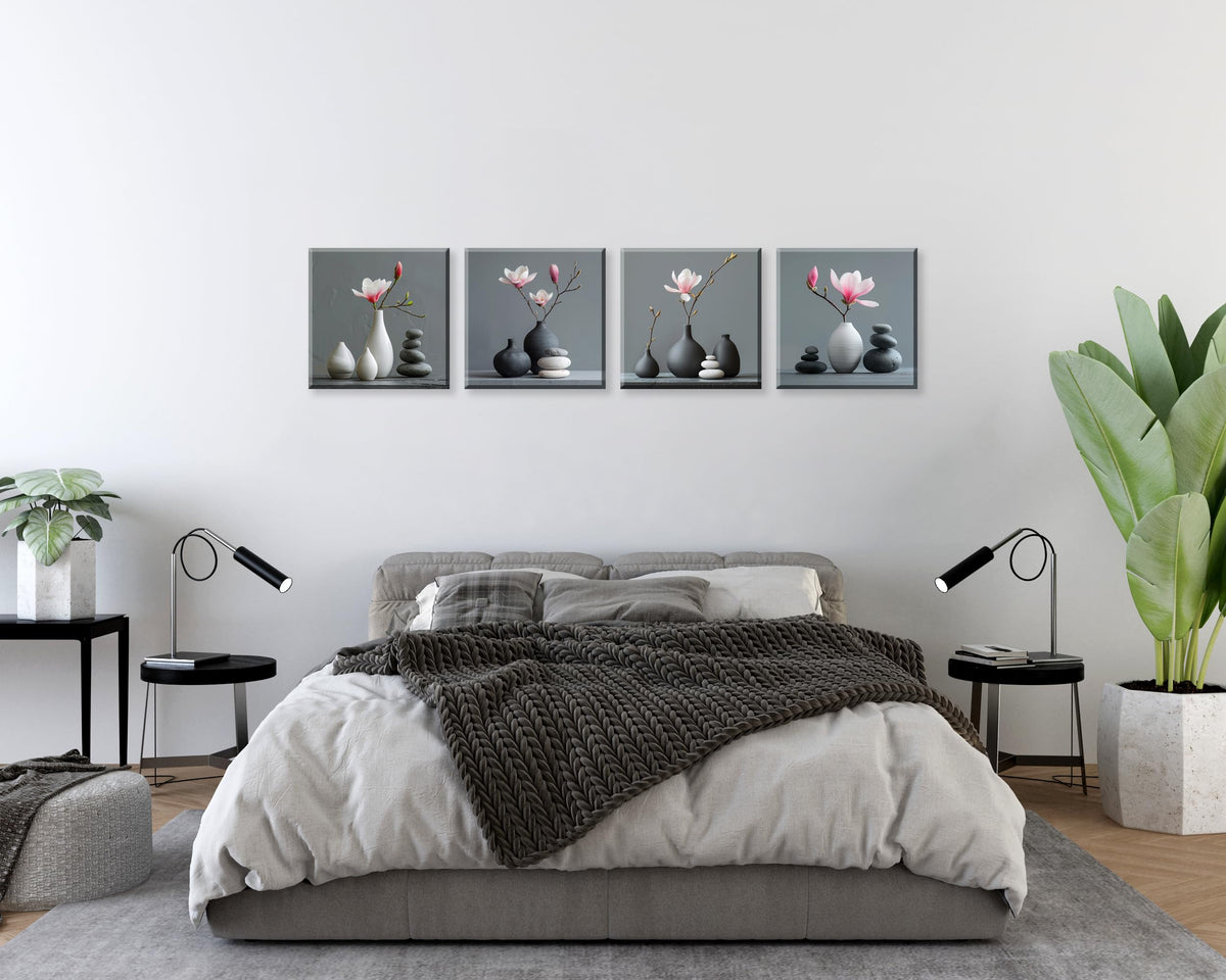Modern Floral Art 4Pcs Magnolia Flowers & Zen Stones Art Minimalist Zen Magnolia Flower Black Vases Framed Canvas Prints Home Decor Contemporary Zen Decor Wall Art for Bedroom Bathroom (12X12inchX4 / Flowers in Vase)