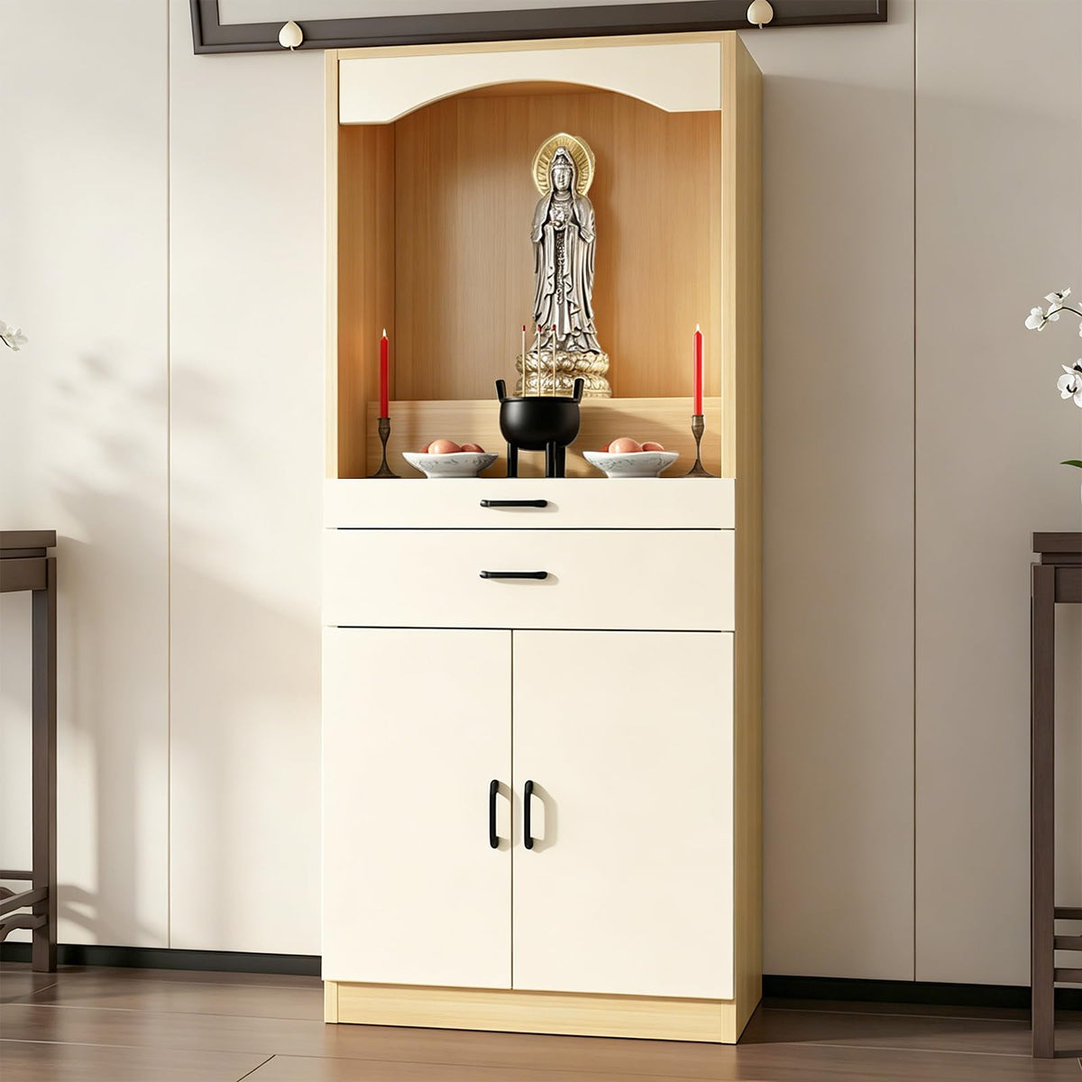 Solid Wood Altar Table (Beige + Natural Wood / 31.5" x 15.7" x 65.4")