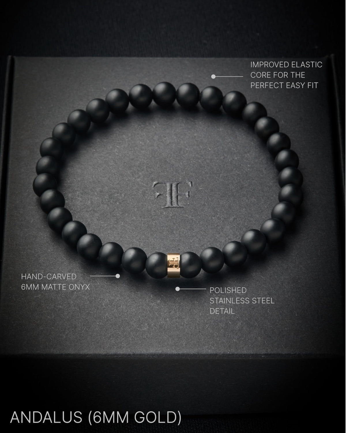 Andalus Men's Matte Black Solid Onyx Beaded Bracelet (6mm Gold / Medium)