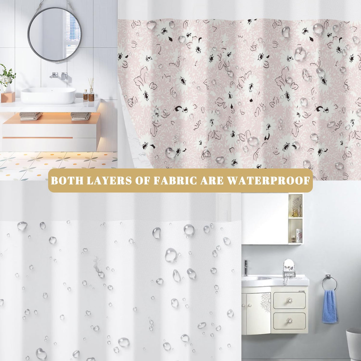 No Hook Shower Curtain with Snap in Liner Set (Pink Flowers)