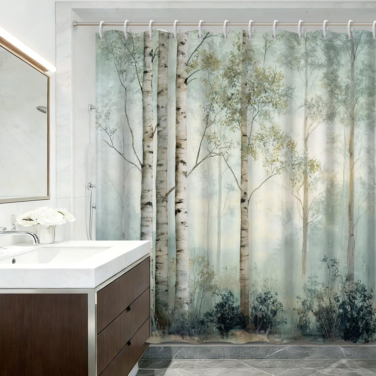 Misty Forest Shower Curtain 71x74 Inch (Misty Birch Tree)
