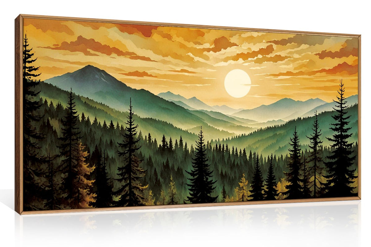 Large Boho Sunset Mountain Framed Canvas Wall Art (Sunset Forest Mountain Wall Art / 40"L x 20"W)