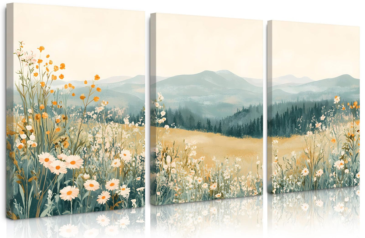 Boho Mountain Flower Wall Art Green Daisy Landscape Canvas Wall Decor Abstract Wildflower Art Prints Watercolor Floral Painting Picture Nature Poster for Living Room Bedroom 16x24x3 Inch Ready to Hang (Green Flower Prints / 16x24 Inch Wrapped Canvas)