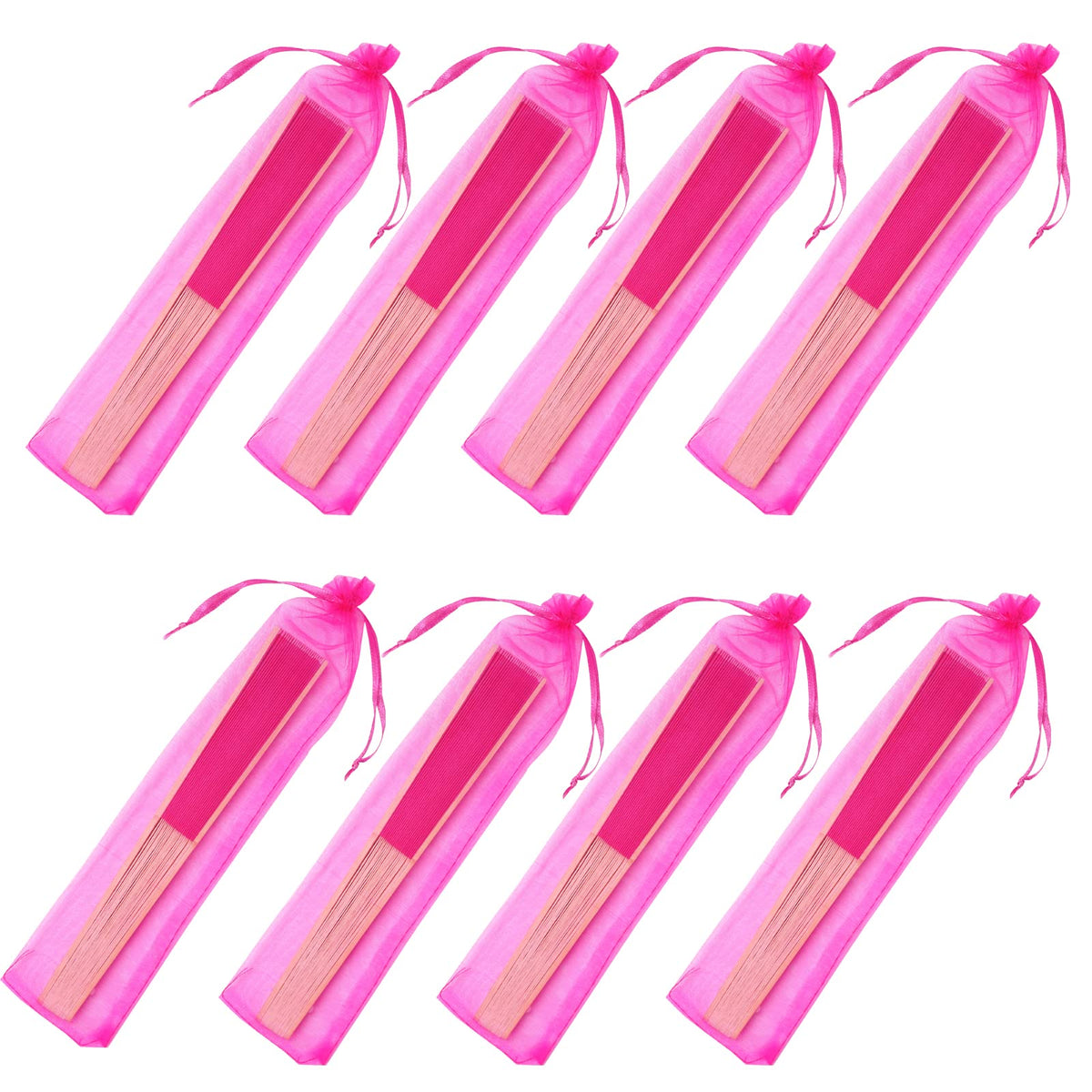 24pcs Imitated Silk Hand Fan Imitated Silk Fabric Bamboo Handheld Folded Fan Bridal Dancing Props Church Wedding Party Favors with Organza Bags (Hot Pink)