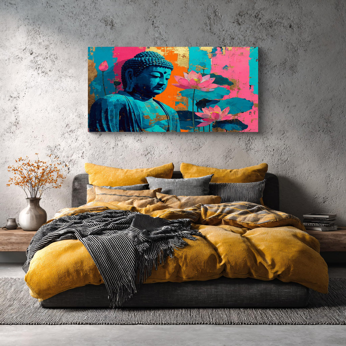 1Pcs Colorful Buddha Lotus Flower Wall Art Canvas Print with Gold Foil Vibrant Zen Meditation Decor Modern Asian Spiritual Artwork for Living Room Bedroom Yoga Studio (32"L x 16"W / 1PCS-Blue Buddha)