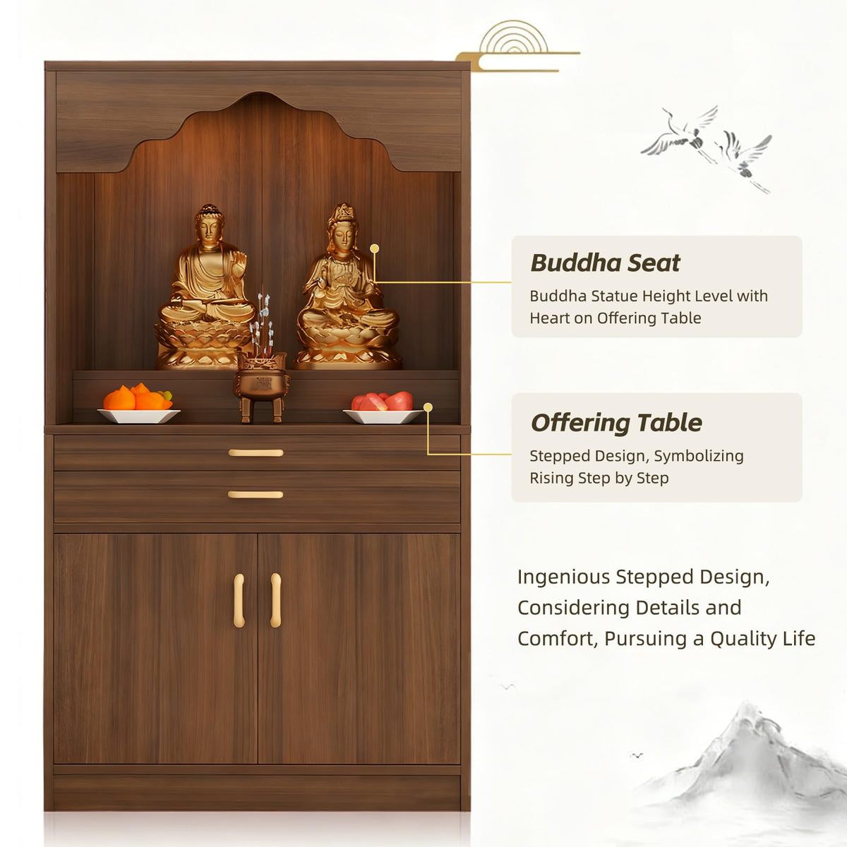 Altar Table Wood Meditation Prayer Table (Beige + Dark Gray Wood / 23.6" x 15.7" x 63.8")