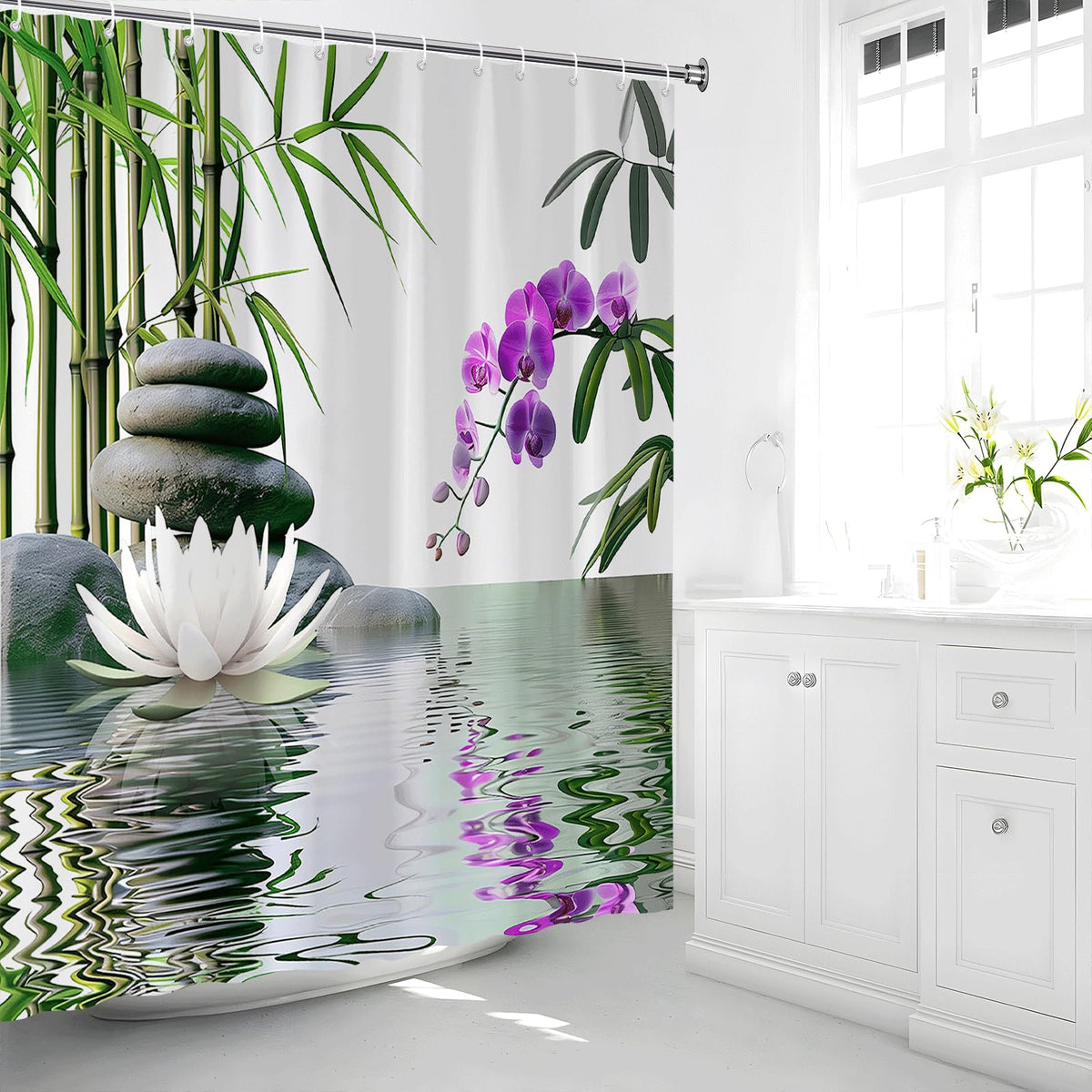 Zen Shower Curtain Green Leaf Floral Purple Flower Lotus Black Stone Japanese Garden Relax Meditate Spring Nature Theme Rustic Polyester Curtains Bathroom Decor Set with Hooks 70Wx84H Inch (70"W x 84"L (Pack of 1))