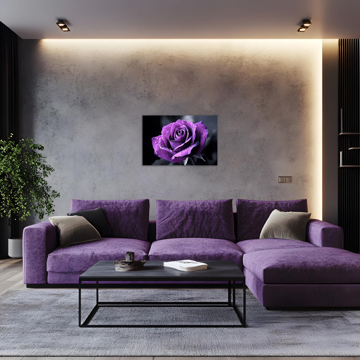 1 Panel Purple Flower Pictures Canvas Wall Art Purple Black and White Purple Rose with Dewdrops Artwork Painting on Canvas Stretched and Framed for Home Decor Living Room 12x18 inch (18"L x 12"W / Purple Flower 12)