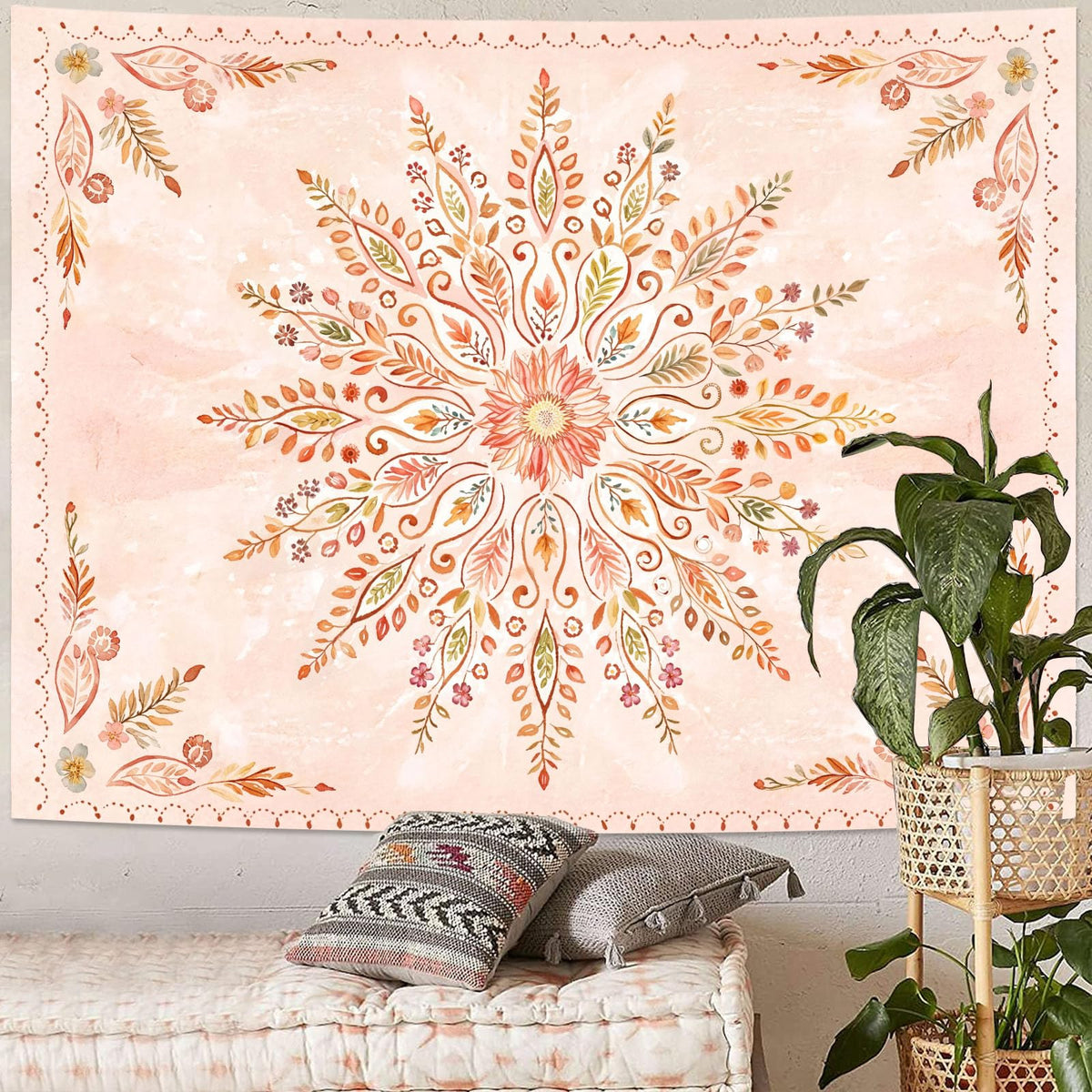 Floral Mandala Tapestry Boho Tapestry for Bedroom Orange Tapestries Wall Hanging Living Room Wall Art and Home Decor 70x90 (90"L x 70"W / Orange)