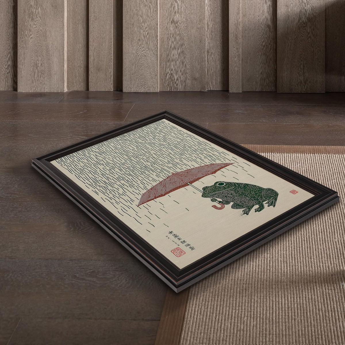Frog With Red Umbrella In Rain Canvas Wall Art Vintage Japanese Ukiyo (Black 01 / 24"L x 36"W)