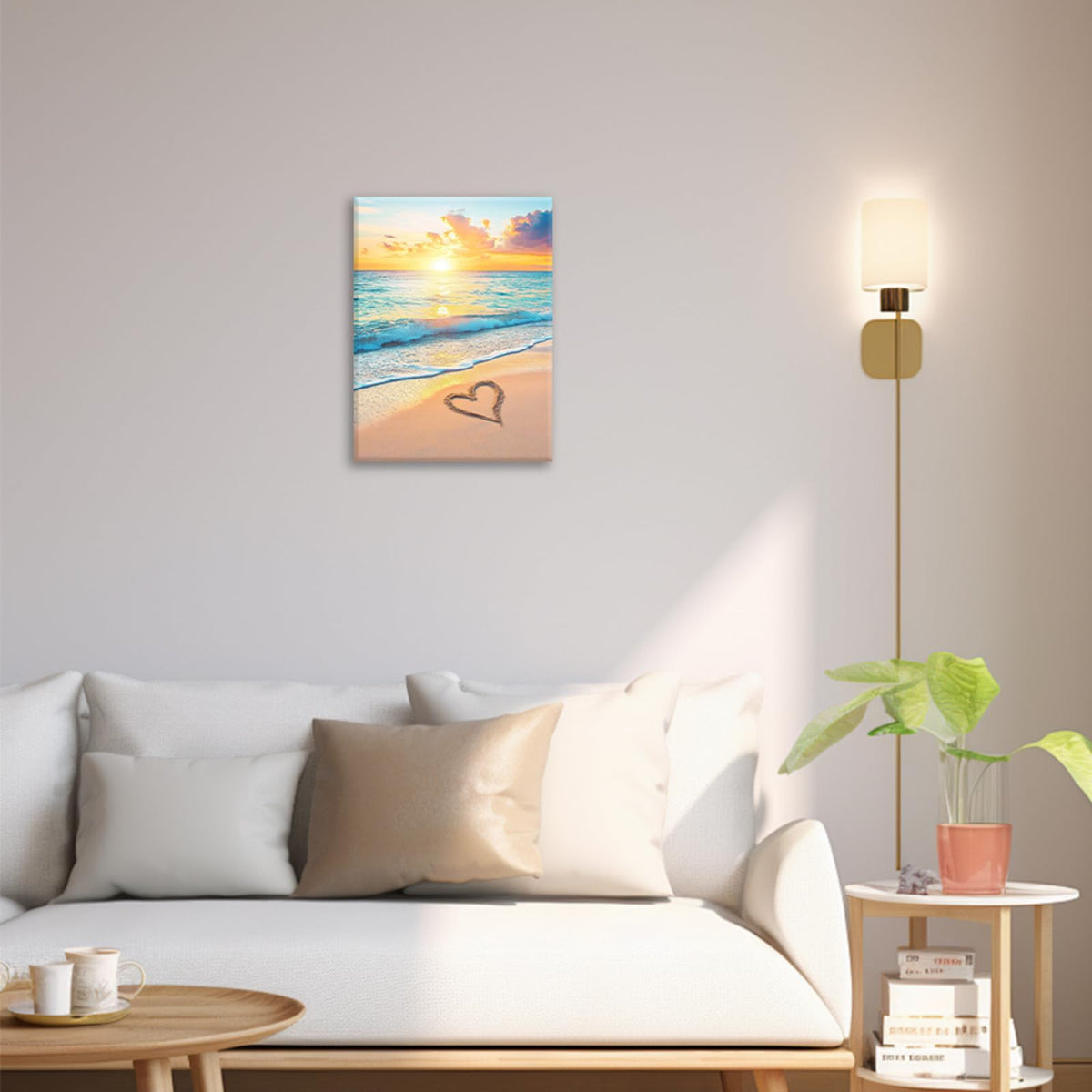 Beach Heart in Sand Wall Art Ocean Sunrise Sunset Wall Decor Pictures Painting Canvas Prints Framed Lover Gifts Home Artwork for Bathroom Bedroom Office 16"x20" (Seaside Beach Heart / 20"L x 16"W)