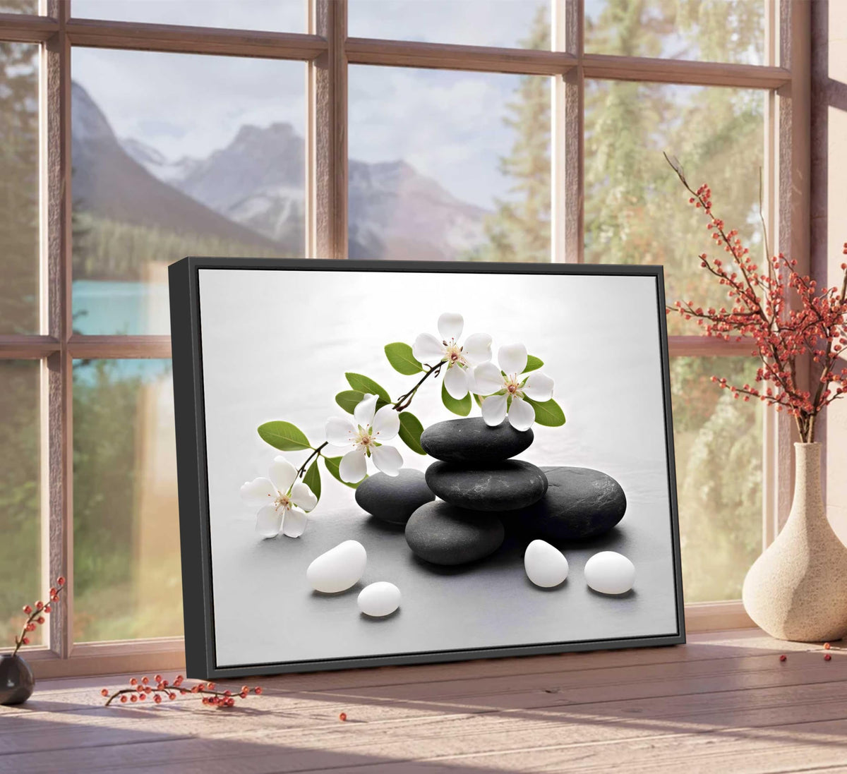 Framed Zen Stone Flower Canvas Wall Art Orchid Flower Black White Zen Stone Picture Wall Decor Still Life Poster Print Artwork for Bathroom Yoga Room Spa Room Meditation Room Office Home Decoration (Framed Stone / 16"L x 12"W)