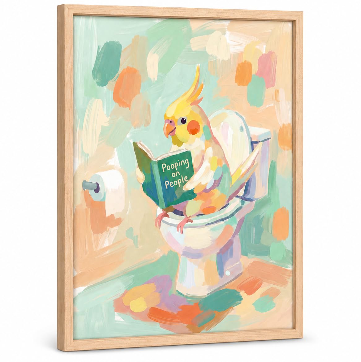 Framed Funny Parrot Bathroom Wall Art Cute Cockatiel Whimsical Canvas Print (Cockatiel / 16"L x 12"W)