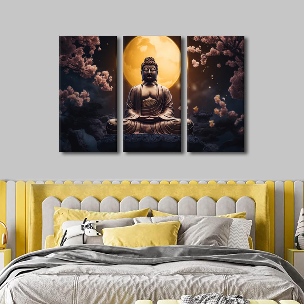 Buddha Canvas Wall Art Modern Living Room Decor 3 Panel Wall Art Moon Buddha Zen Trees Poster Prints on Canvas Zen Believers Home Wall Decoration Stretched and Framed Ready to Hang 36x24 in (36x24 in / 3PANEL-11)