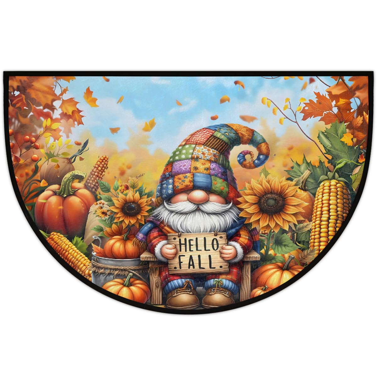 Gnome Autumn Half Round Door Mat Non Slip Washable Semi Circle Area Rug Absorbent Soft Half Moon Rug Floor Mat for Indoor Outdoor Kitchen Bathroom Patio Front Door Mat Decor (B72)