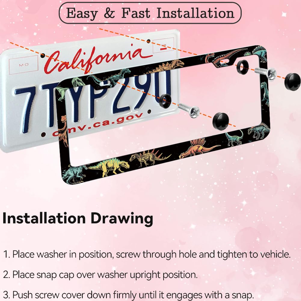Colorful Dinosaurs License Plate Frame Women 2Pc Car Tag (for animal-Dinosaurs / 2 pack)