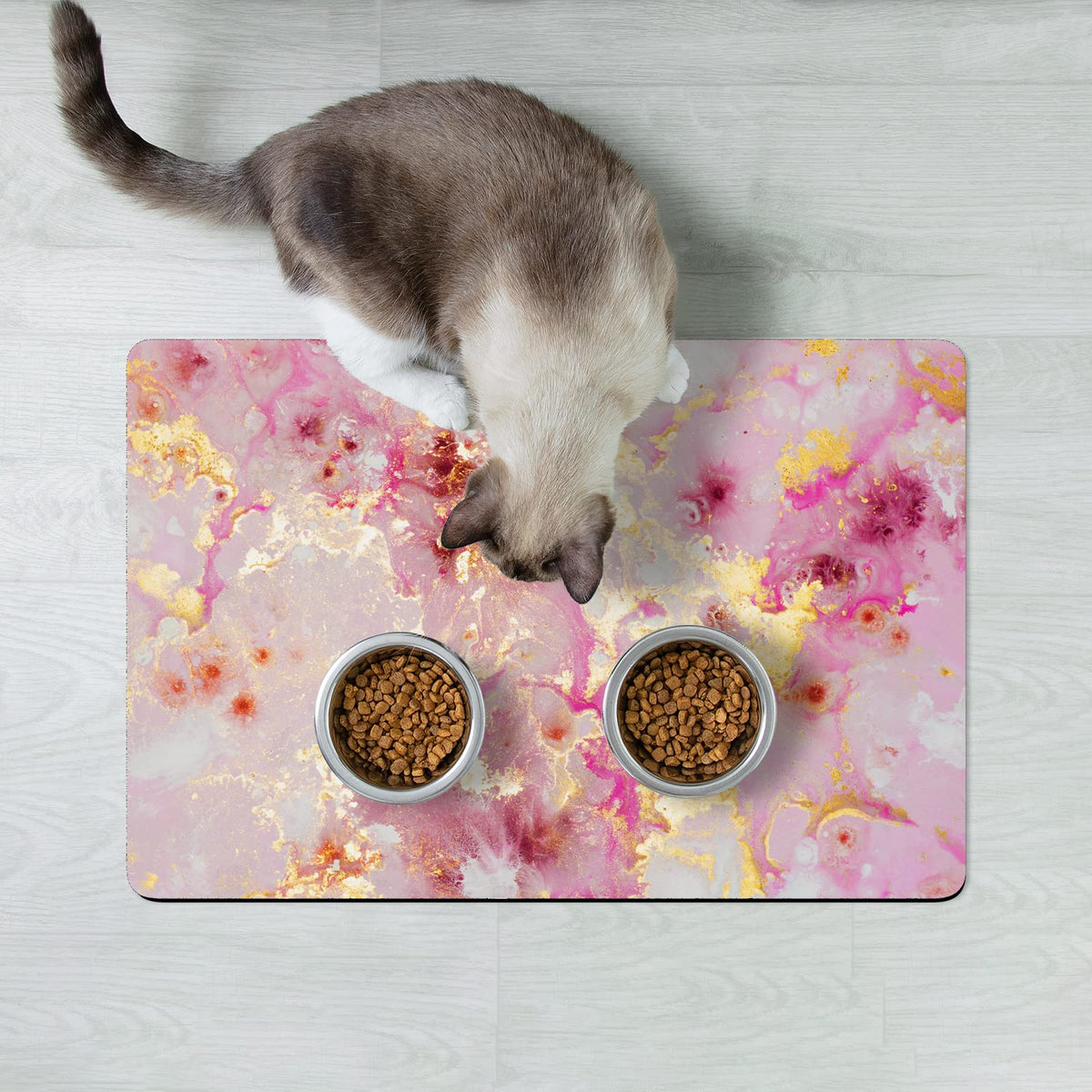 Dog Food Mat 12" x 19" Absorbent Dog Cat Bowl Mat for Food and Water (Pink Gold Abstract / 12"L x 19"W)