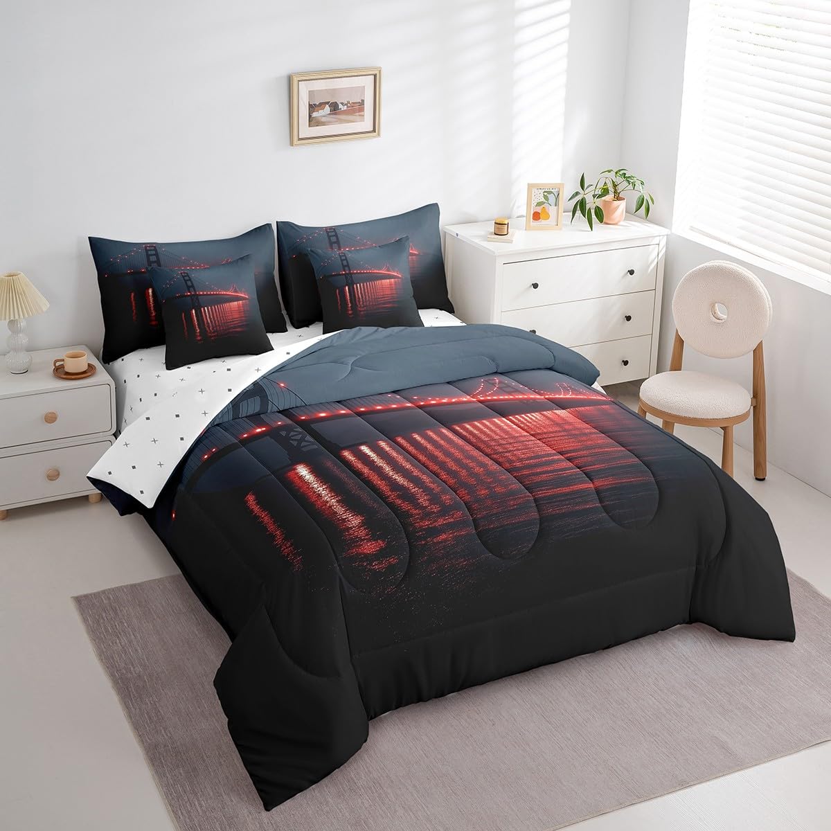 Golden Gate Bridge Comforter Set with Sheets Twin Size Kids Nightscape 7 Piece Bedding Set All Season Teens City Scenery Bed in A Bag Breathable Soft Lightweight Black and Red Room Decor (Dull Black and Red / Twin)