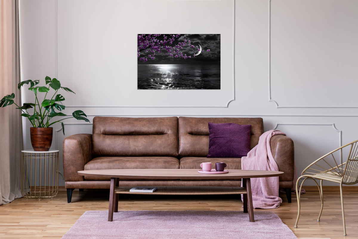 1 Panel Purple Picture for Bedroom Purple Bedroom Pictures Wall Decor Black and White Seascape Full Moon Purple Flower Print on Canvas for Home Decor Stretched and Framed 12x18 inch (18"L x 12"W / Purple Flower 9)