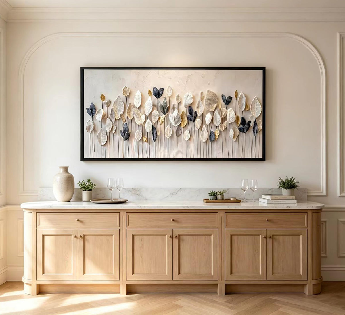 Large Framed Modern Boho Wall Art Textured Neutral Leaf Canvas Wall Decor Abstract Botanical Canvas Print (Boho Leaves / 32"L x 16"W)