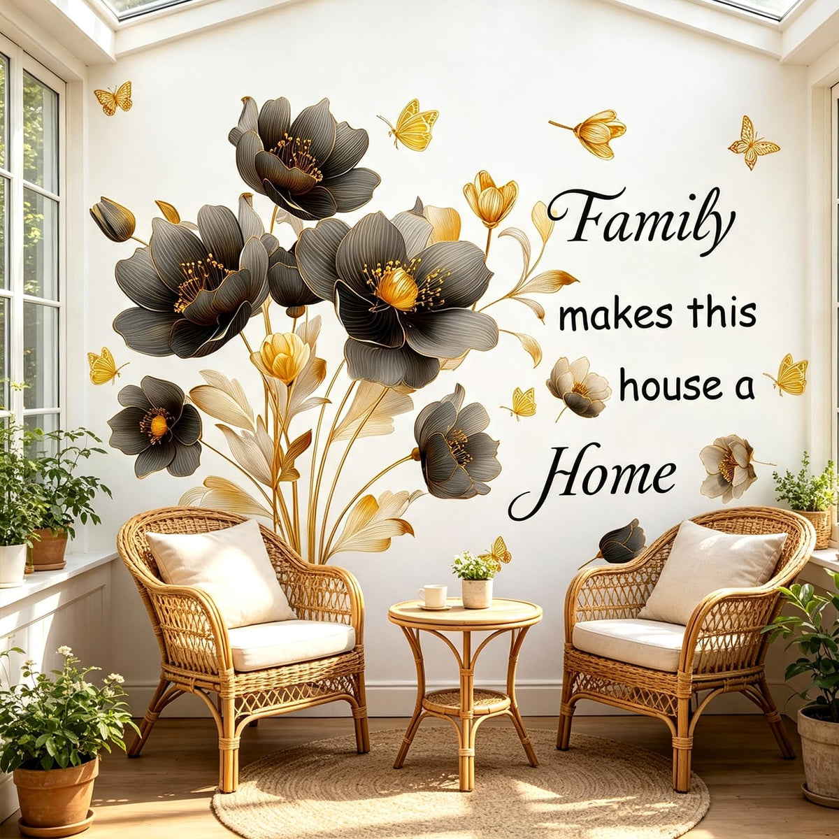 Floral Flower Family Quotes Butterflies Peel and Stick Wall Decor Decals (Family, Flower, Butterfly, Elegant, Floral)
