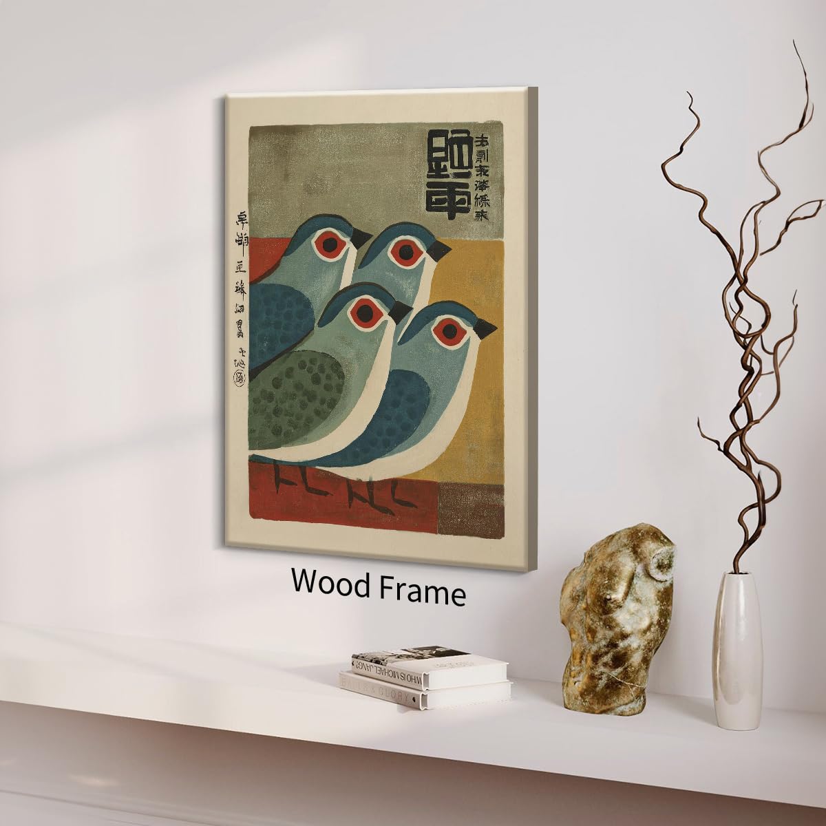 Japanese Mid Century Blue Bird Framed Posters Prints Vintage Animal Wall Art 16x20 inch Minimalist Bird Painting Rustic Artwork for Asian Lndie Room Bedroom Living Room Decor Ready to hang (Wrapped Canvas / Japanese Picture / 20"L x 16"W)