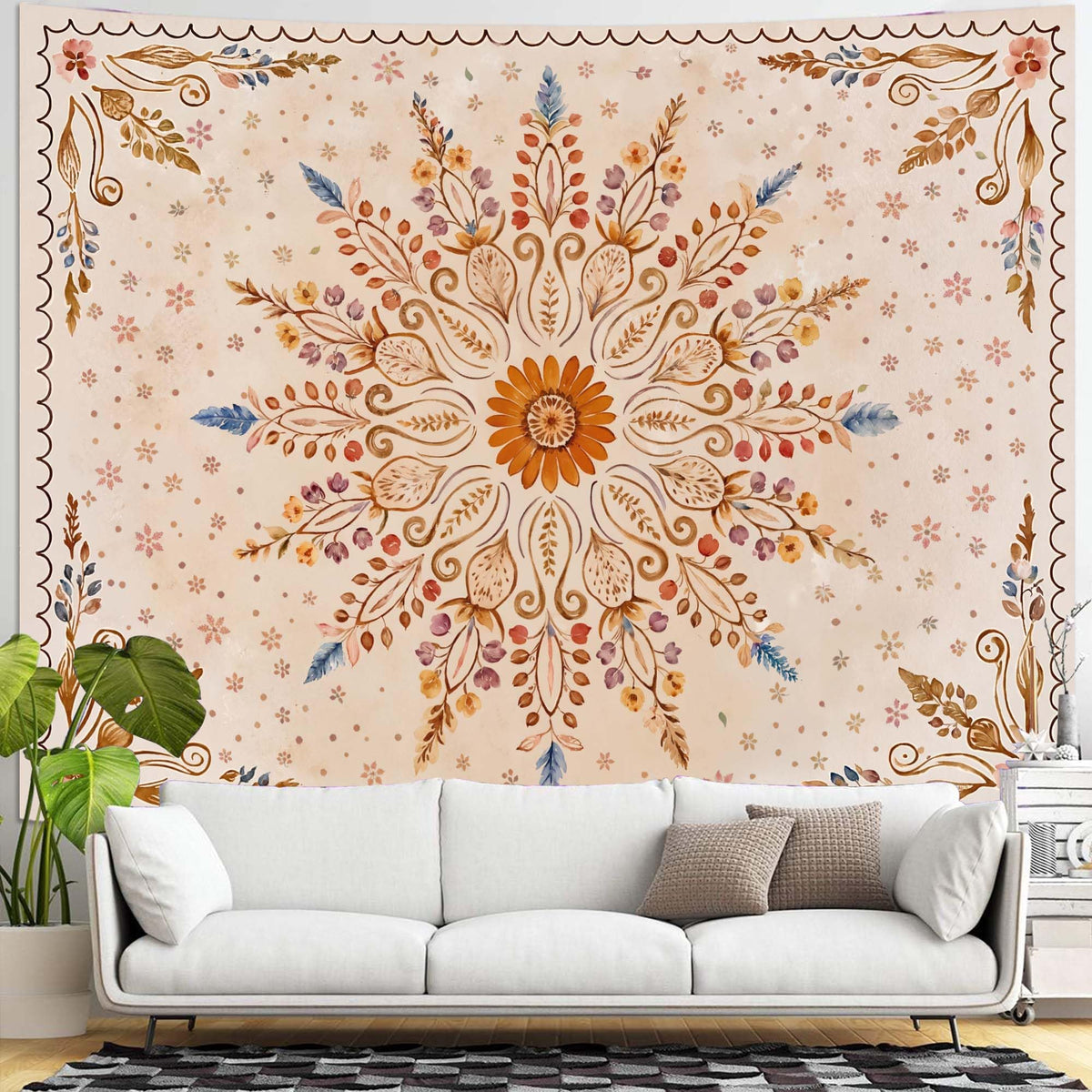 Boho Floral Mandala Tapestry for Bedroom Aesthetic Watercolor Bohemian Flower Wall Tapestry Brown Beige Hippie Indian Extra Large Tapestries Wall Hanging for Living Room Dorm Decor 90 x 68 Inch (Brown Yellow / 90"L x 68"W)