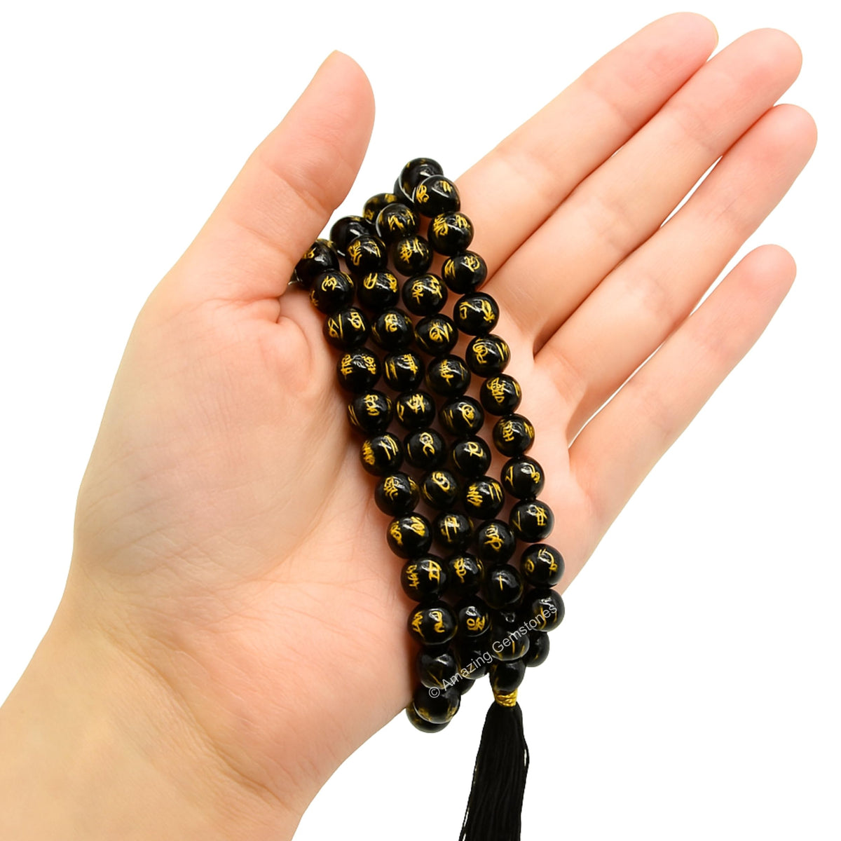 Black Agate Om Mani Padme hum Buddhist Prayer Beads Japa Mala with 108 Meditation Beads (Without Knots / Black Agate (Om))