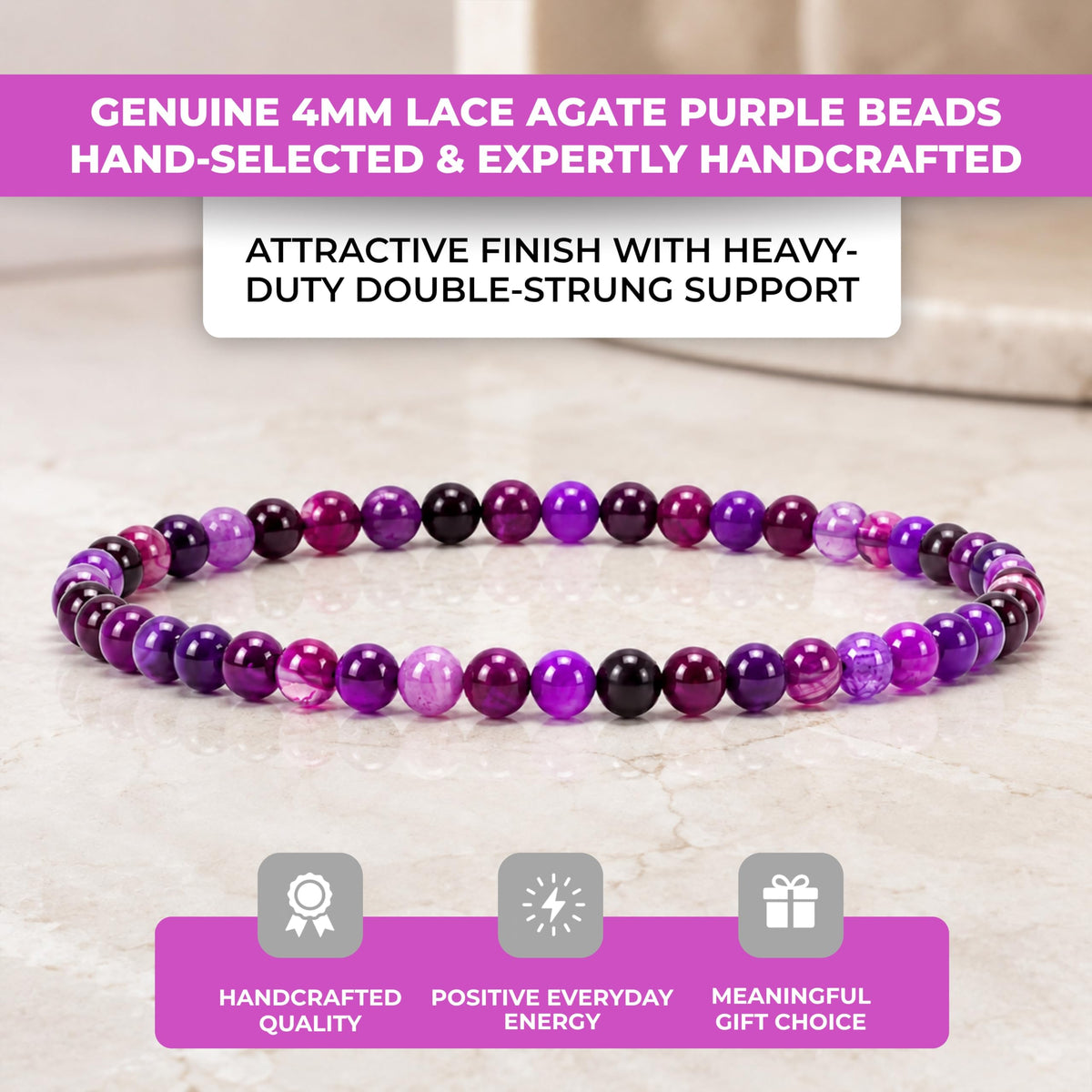 Lace Agate Purple Bracelet 4mm Beaded Bracelet (Lace Agate Purple / Medium)