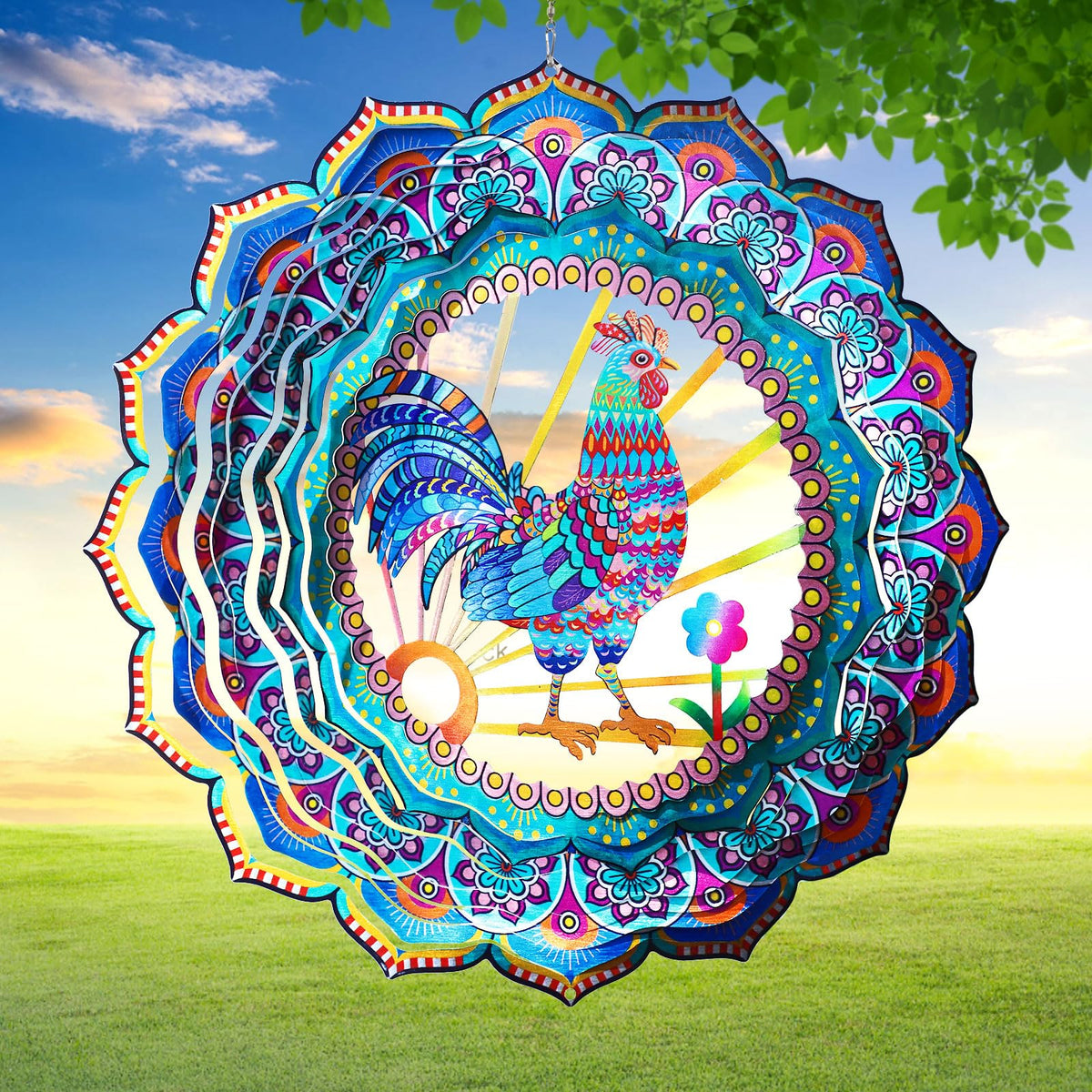 Rooster Wind Spinner for Yard and Garden (12in / 009-8 Blue Rooster Wind Spinner)