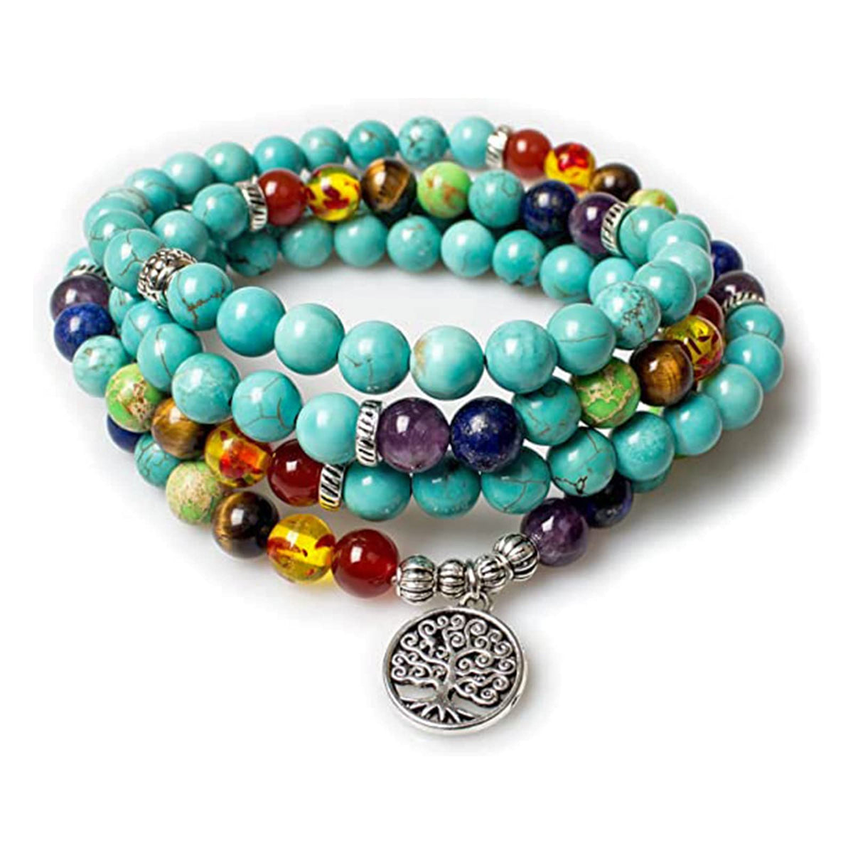 Necklace 108 Mala Beads Bracelet Buddhist Prayer Pendant Necklace (Turquoise-Tree)