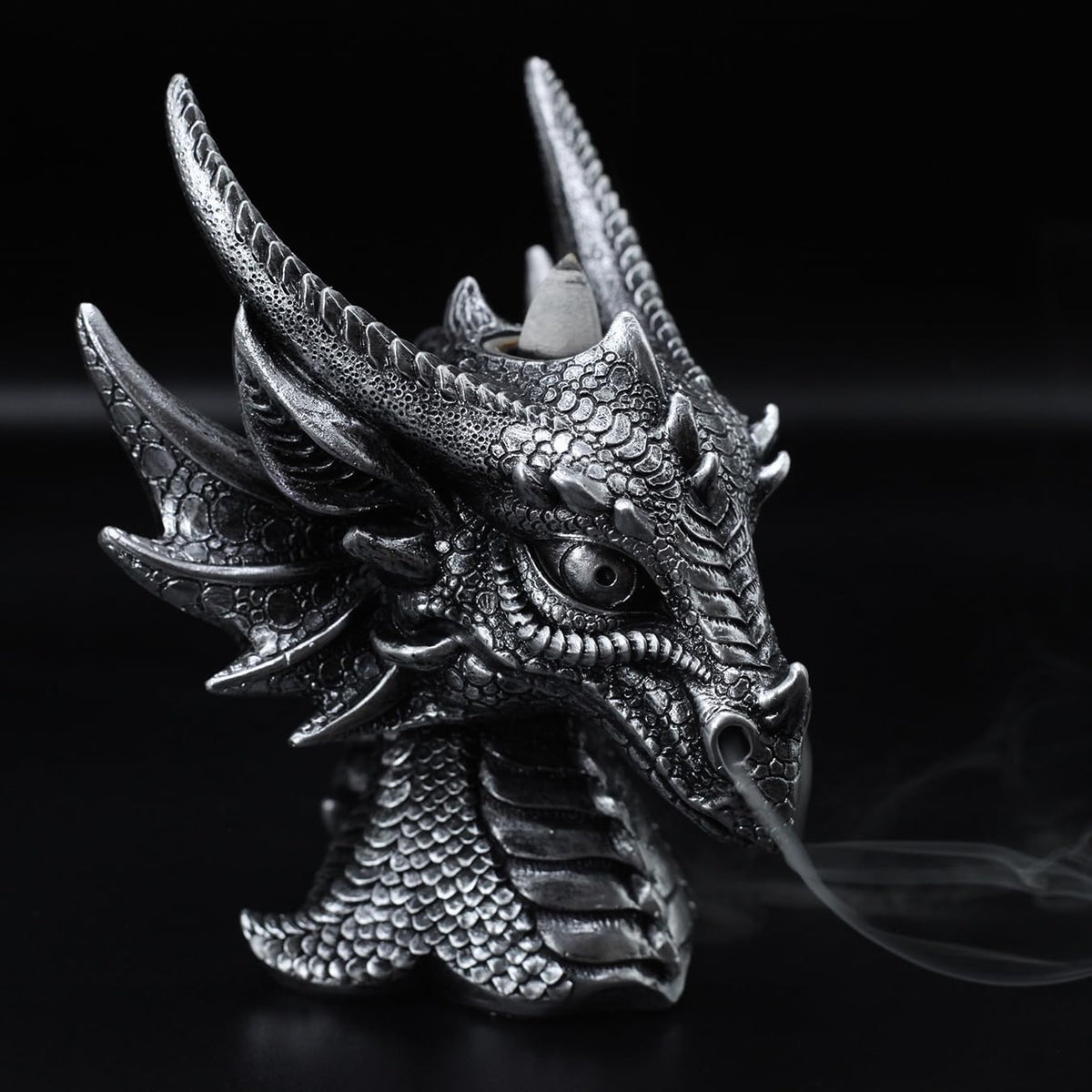 Breathing Dragon Head Figurine with Backflow Incense Burner (Silver)