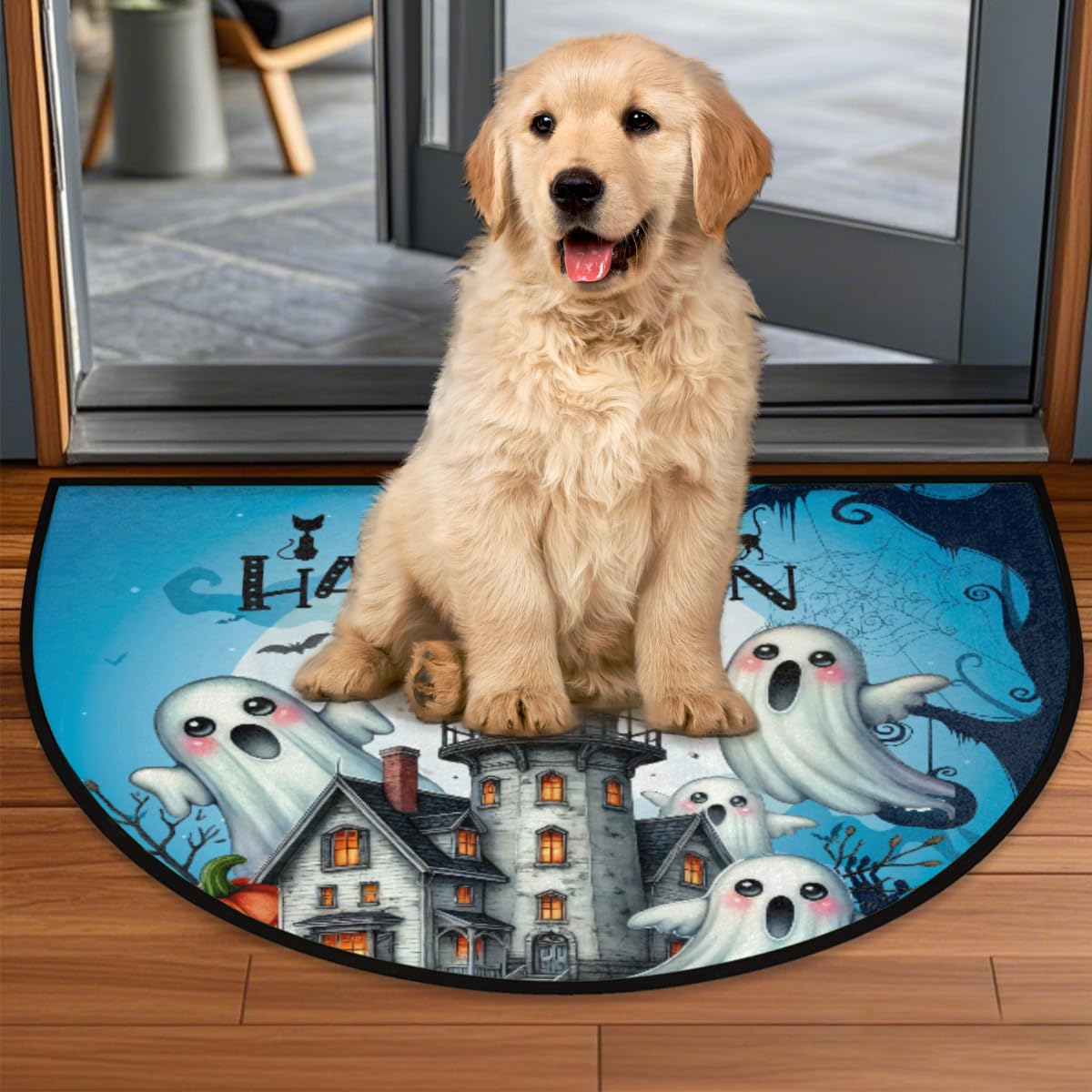 Ghosts Castle Half Round Door Mat Indoor Entrance Semi Circle Area Rugs (Z Halloween Horrible Pumpkin)
