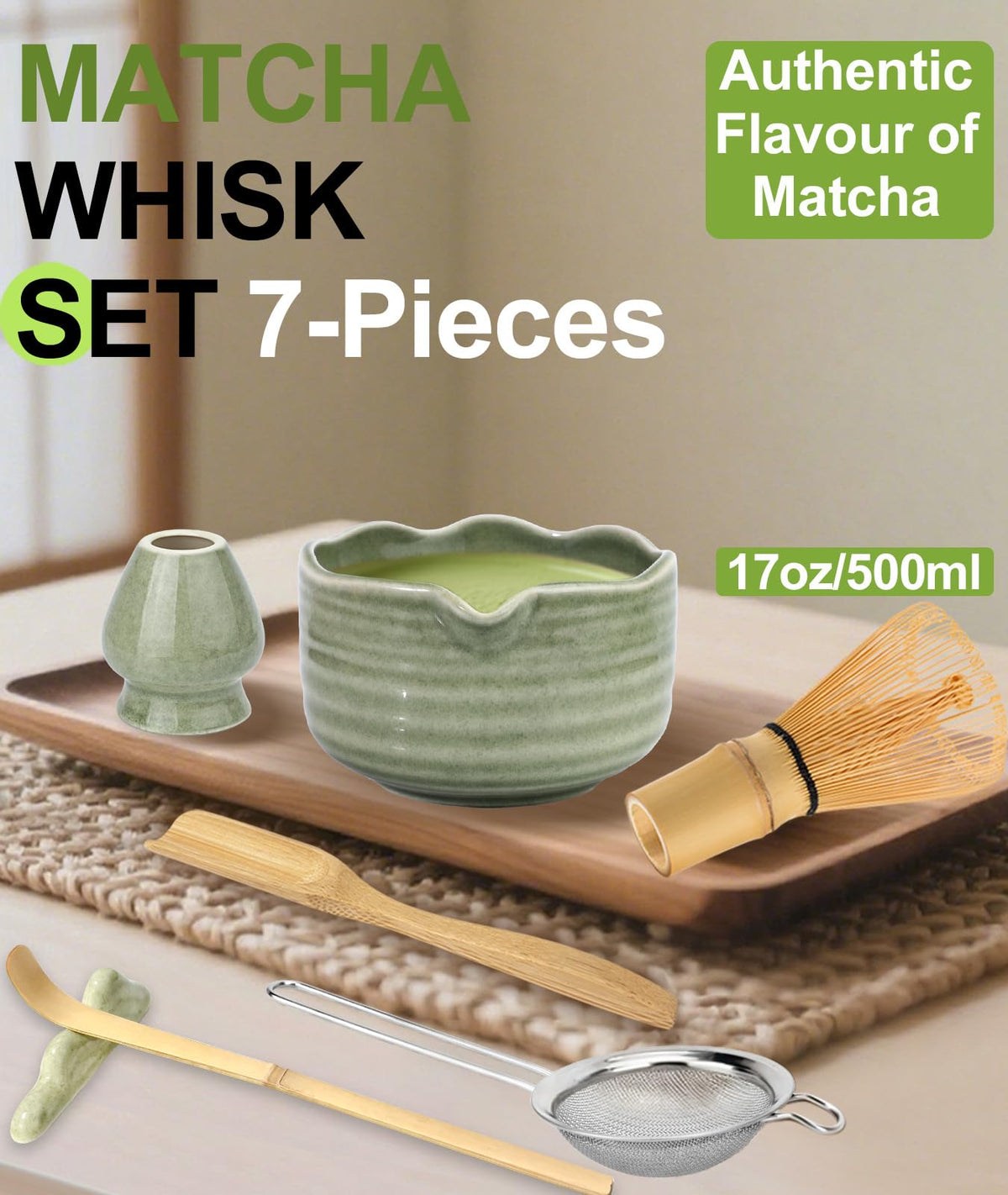 Matcha Set with 17oz Ceramic Bowl (Mottled Green)