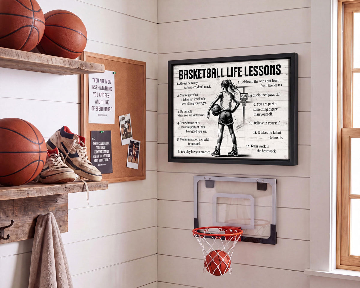 Black Framed Girl Basketball Life Lessons Canvas Wall Art 16x24in (Girl Basketball / 24"L x 16"W)