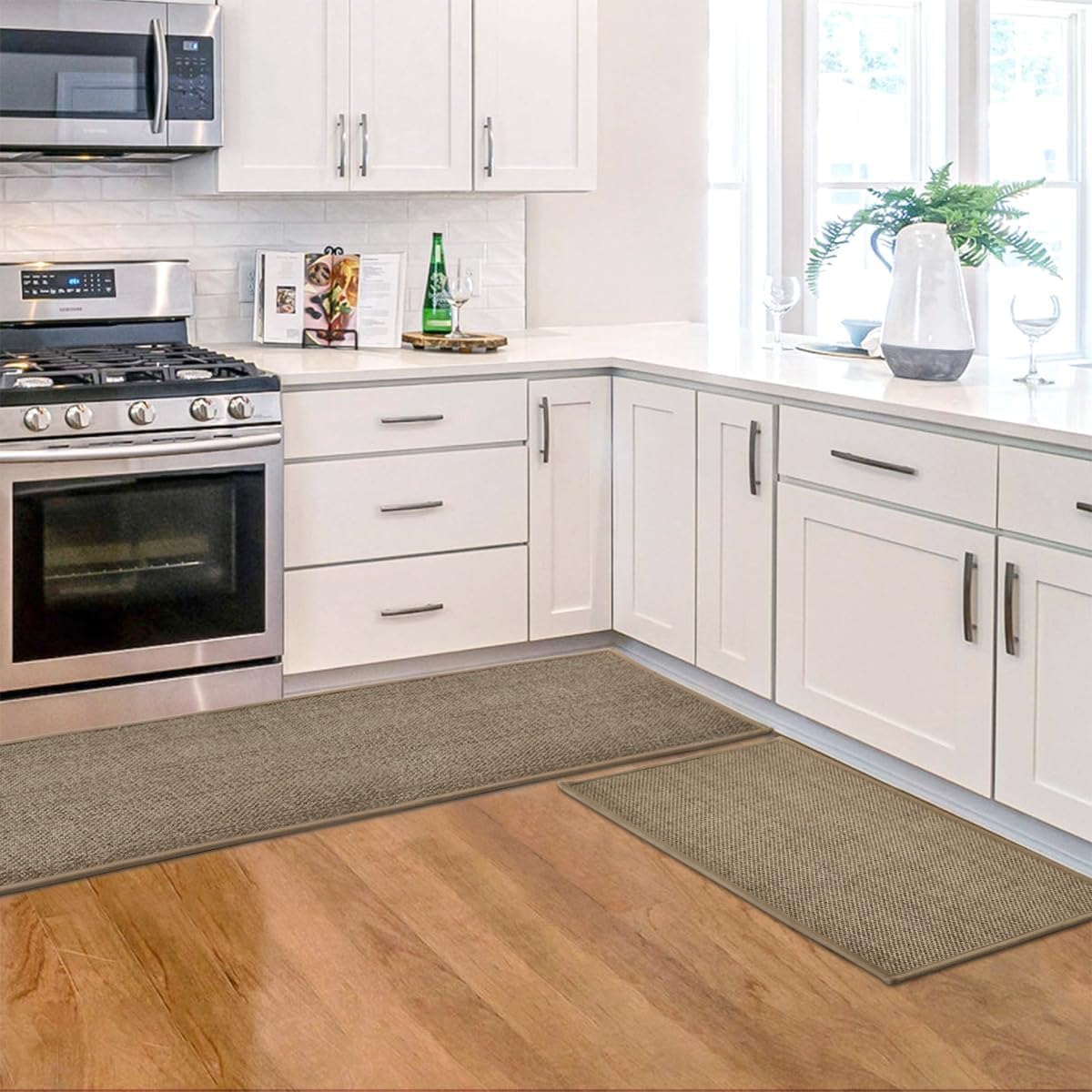 Non Skid Kitchen Rugs and Mats Set of 2 (17" x 29" /17" x 47" / Beige Grey)