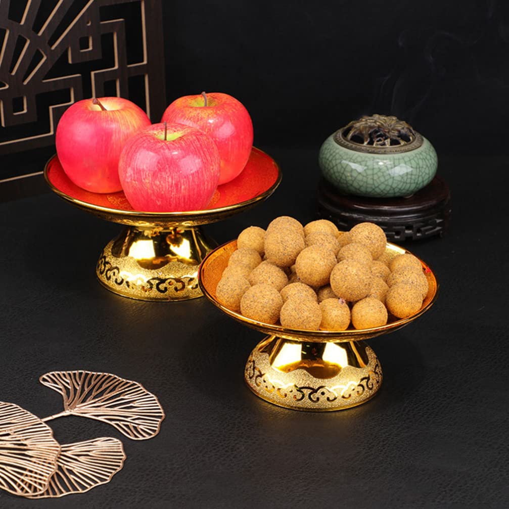 2pcs Buddhist Plate Offering Bowls Footed Fruit Tray Dessert Snack Container Tinplate Bowl Blessing Bowl for Rituals Incense Smudging Decoration Golden 8inch (19.2X19.2CM)