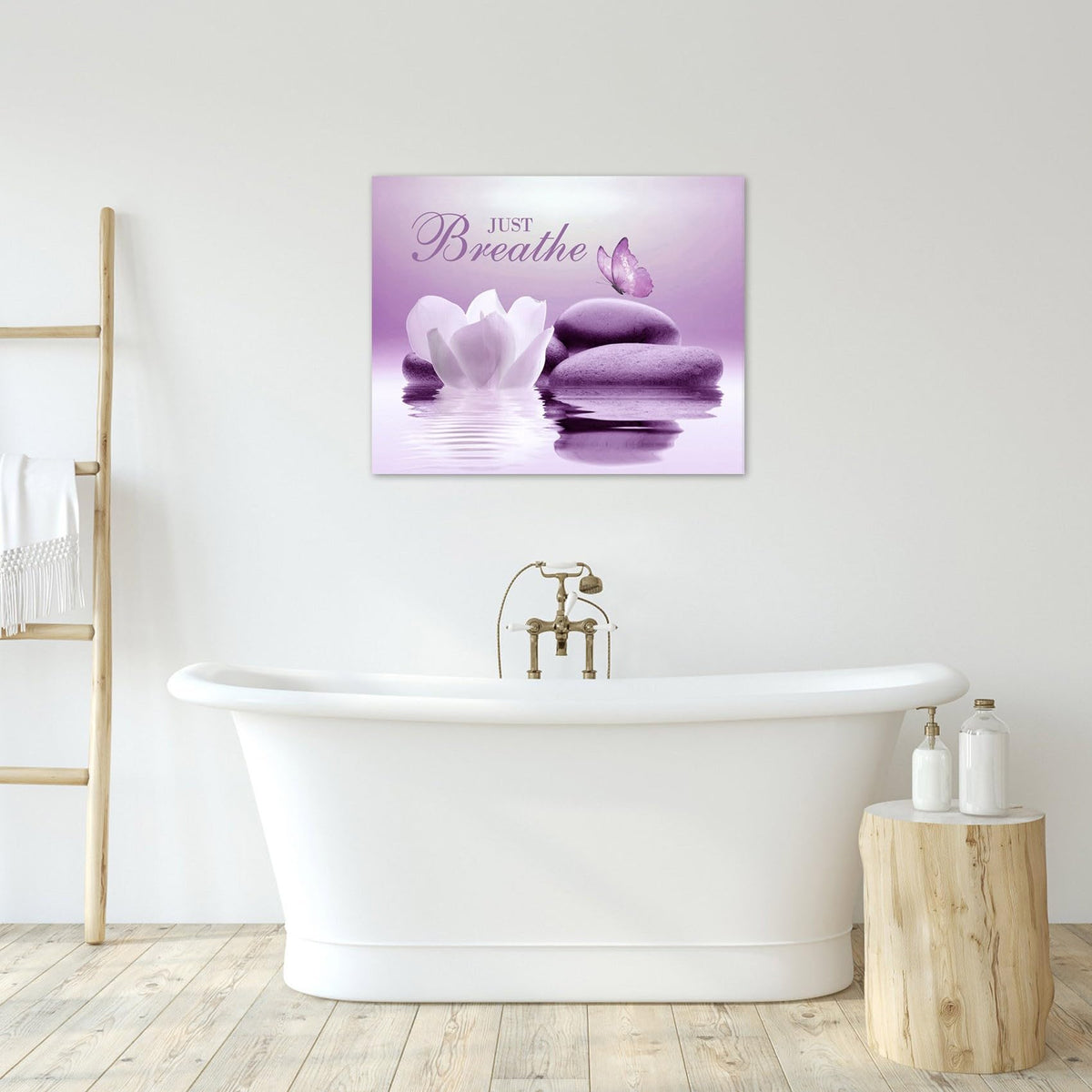 Zen Bathroom Wall Art Butterfly and Flower Stone Relaxing Just Breathe Framed Canvas Wall Art Yoga Spa Office Calming Canvas Purple Wall Decor for Living Room Bedroom (8"L x 10"W / Purple)