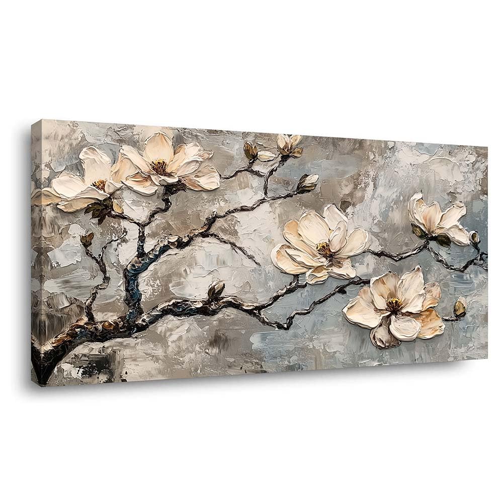 White Magnolia Canvas Wall Art Floral Branch Painting Grey Abstract Faux Texture Flat Print Gallery Wrapped Artwork for Living Room Bedroom Bathroom Decor (Bohemian / White Magnolia Blossoms 4 / 46"L x 23"W)