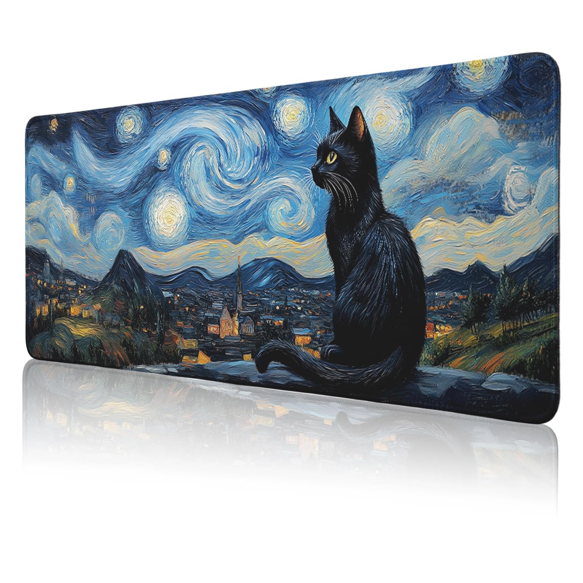 Black Cat Large Gaming Mouse Pad Moon Celestial Starry Night Art Desk Mat (Black Cat / 35.4L x 15.7W inches)