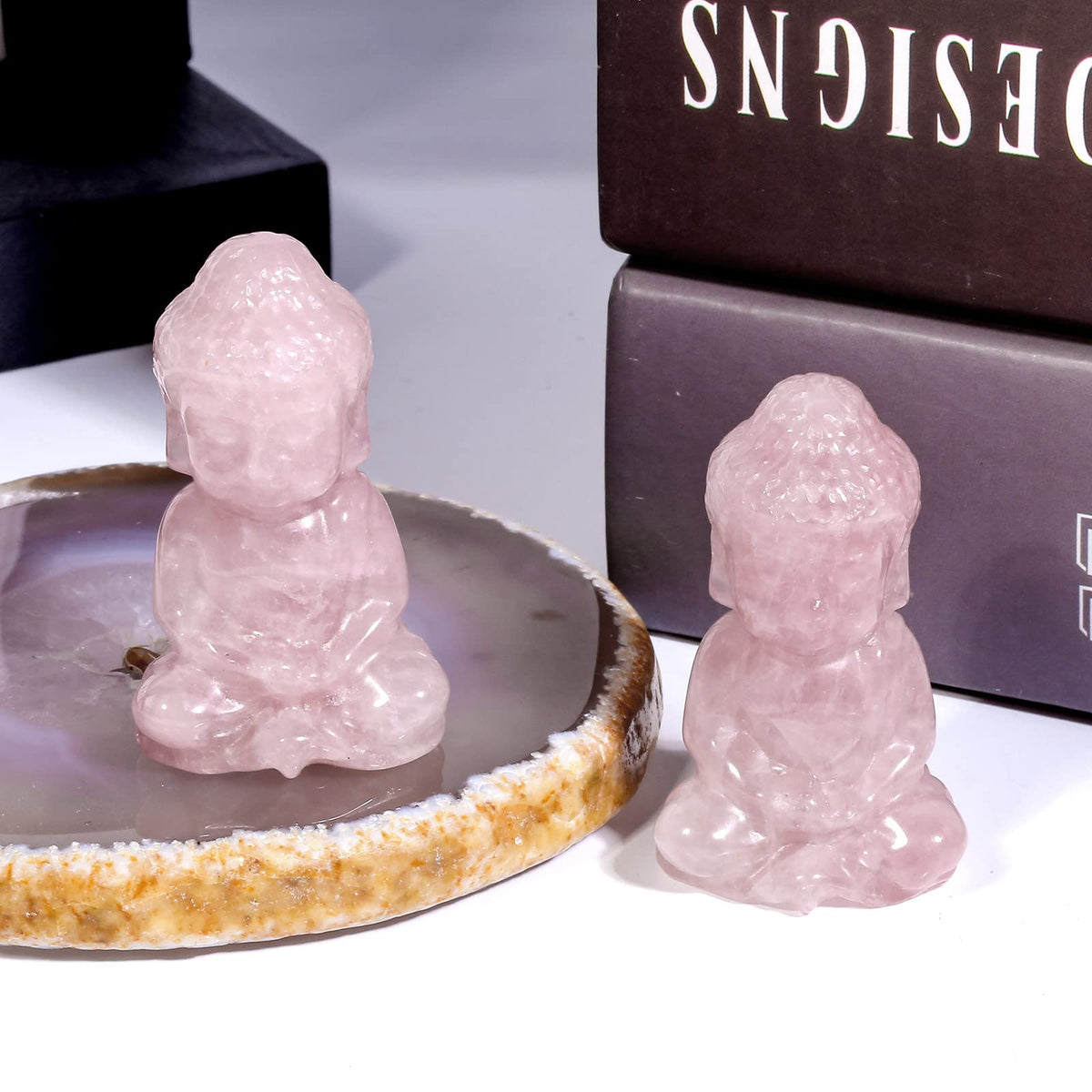Handcarved Rose Quartz Pocket Stone Baby Buddha Crystal Statue (Pink)