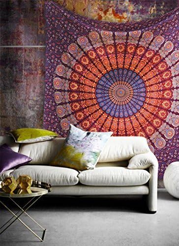 Tapestry Wall Hanging Hippie Mandala Bohemian Hippy Psychedelic Design Indian Peacock Meditation Gypsy Tapestries Bedspread 54 x 60 Inches (60"L x 54"W / Maroon)