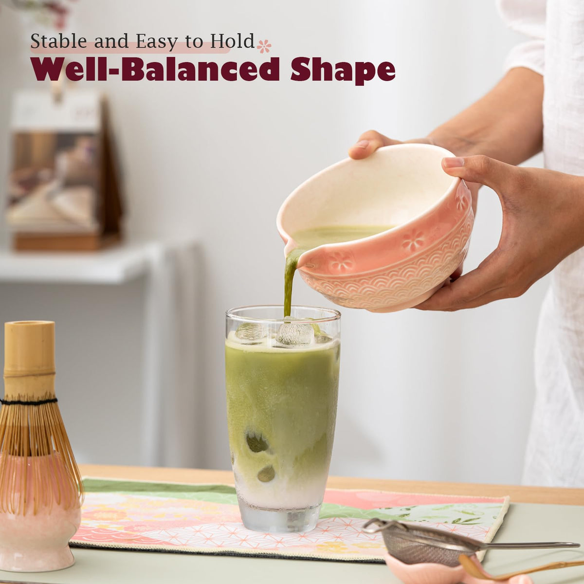 8 Pcs Matcha Whisk Set. Matcha set includes matcha bowl with Cherry Blossom (Pink Gradient)