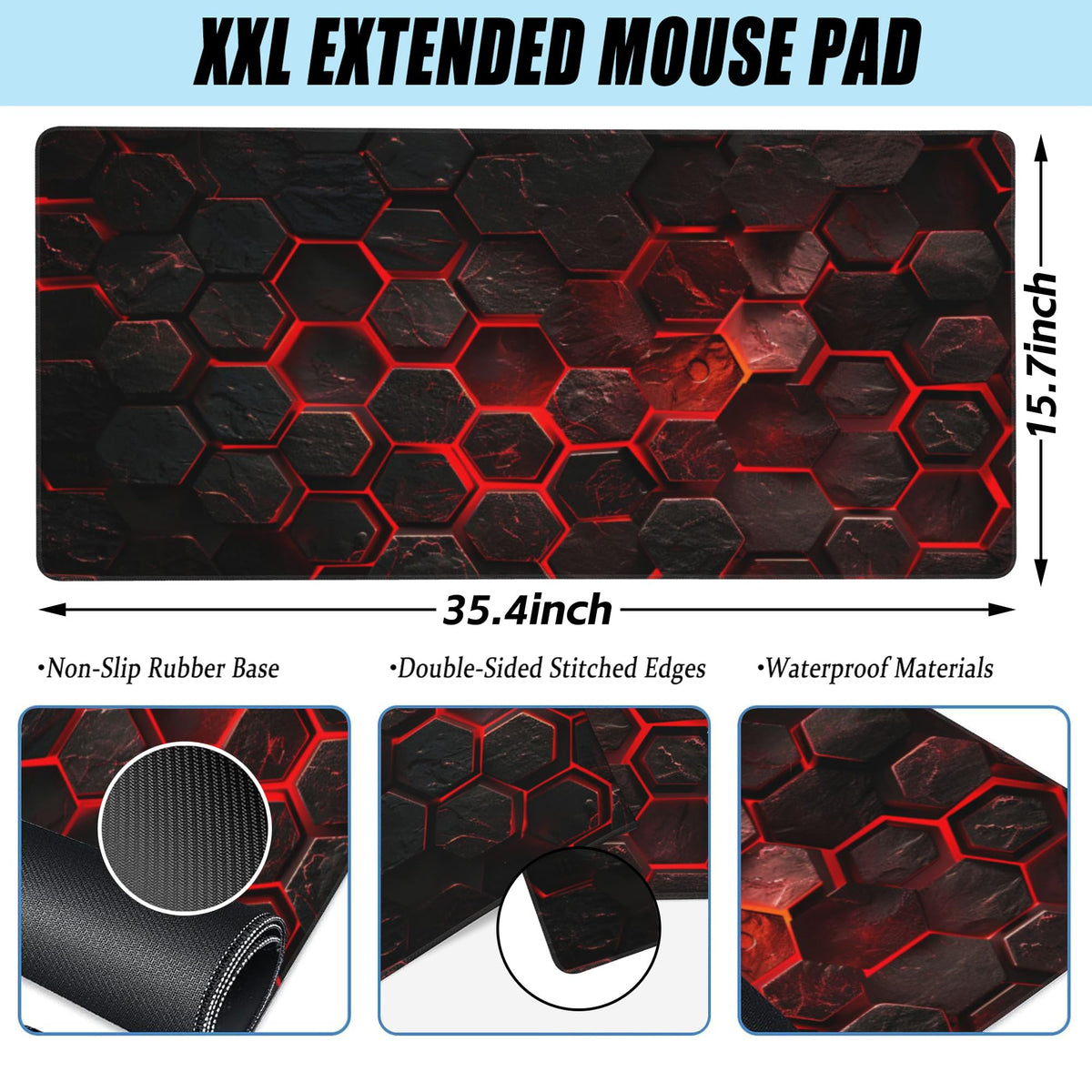 Large Gaming Mouse Pad for Desk (15.7" x 35.4" / Red Honeycomb Science Technology)