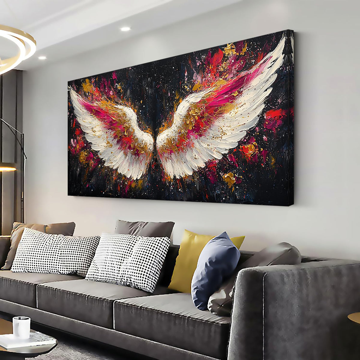 Multicolor Angel Wings Wall Art for Living Room Office Divine Inspiration Splatter Paint Art Painting Prints Contemporary Canvas Artwork Dining Bedroom Decor Extra Large (Contemporary / White Gold Red Angel Wings Wall Art / 58L" x 28W")